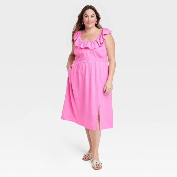 3X - Womens Ruffle Maxi Empire Waist Dress - Ava Viv - Pink - Picture 1 of 5